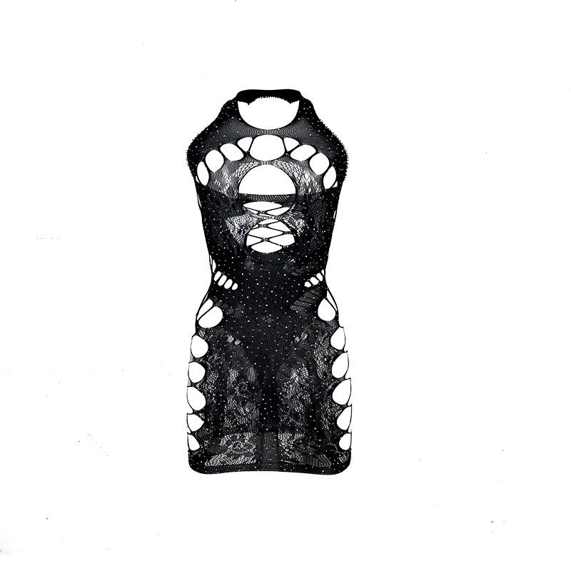 Plus Size Mesh Bodystocking -Sheer Dress With Rhinestones